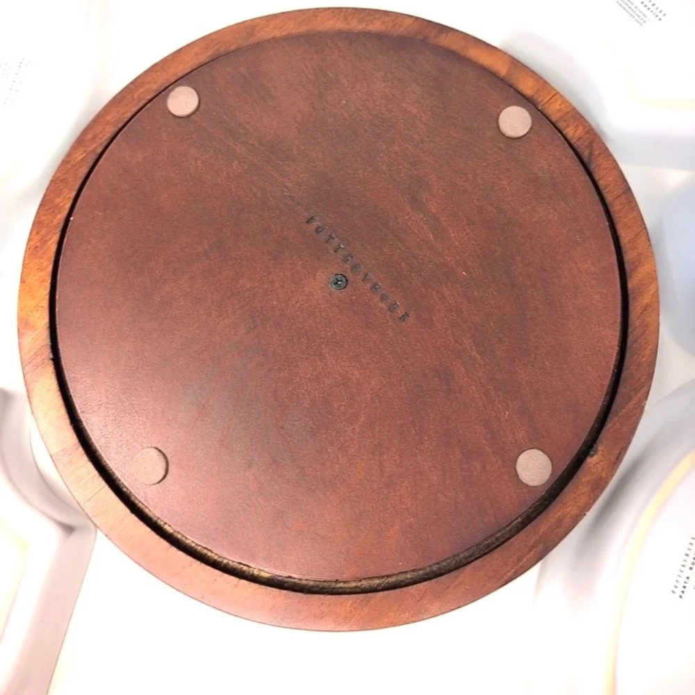 Pottery Barn Lazy Susan 5 Ceramic Condiment Wedge Bowls Rotating Wood Base 12”